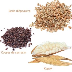 Les différents remplissages des coussins hoali by VH kapok, cosse de sarrasin, balle d'épeautre